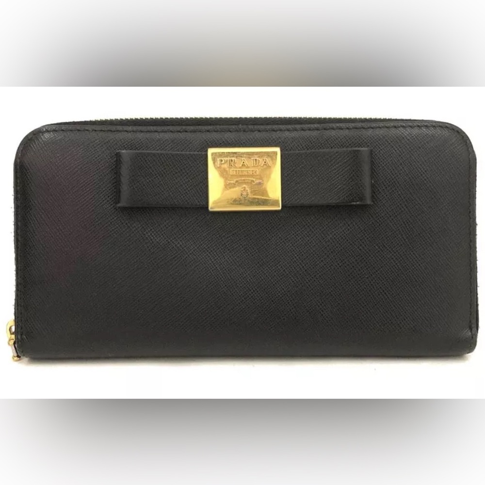 Authentic PRADA Logo Saffiano Ribbon Leather Zip Around Long Wallet Black